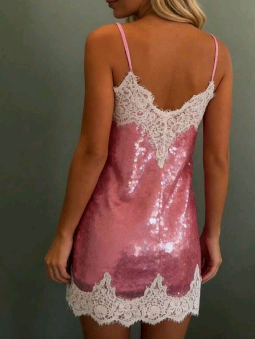 Women's Sequin Lace Trim Slip Dress, Spaghetti Strap V-Neck Mini Dress, Summer F - Picture 7 of 8